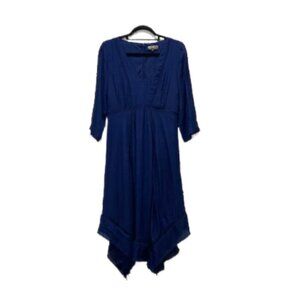 J GEE Womens Size M Deep Blue Handkerchief Hem Gauzy Lace Boho Hippie Dress EUC